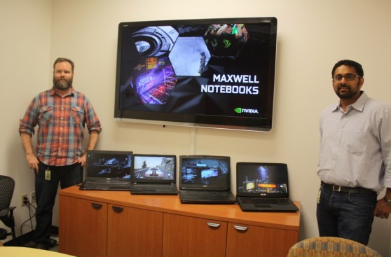 Matt Widener and Kaustubh Sanghani show off Maxwell laptops.