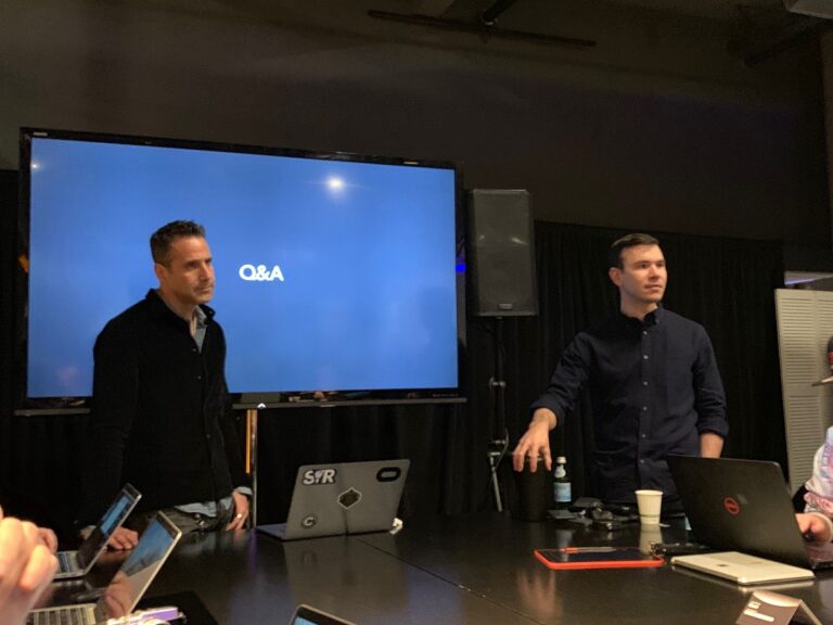 Jason Rubin (left) and Nate Mitchell talk about the Oculus Rift S.
