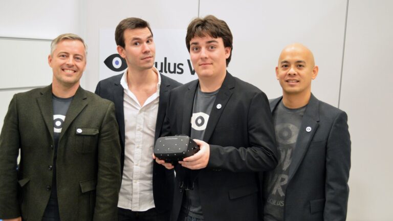 Oculus leaders. Palmer Luckey holds a Rift in his hands.