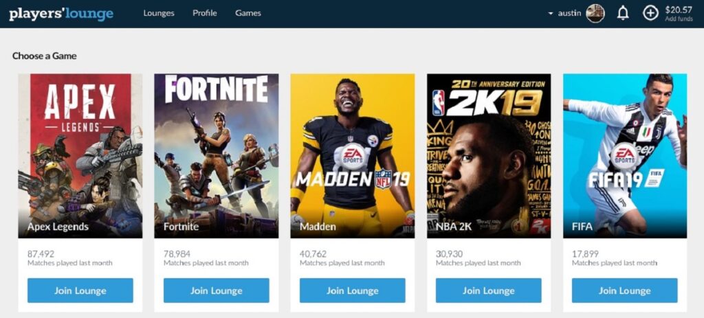 Player's Lounge lets gamers play for games for cash prizes.