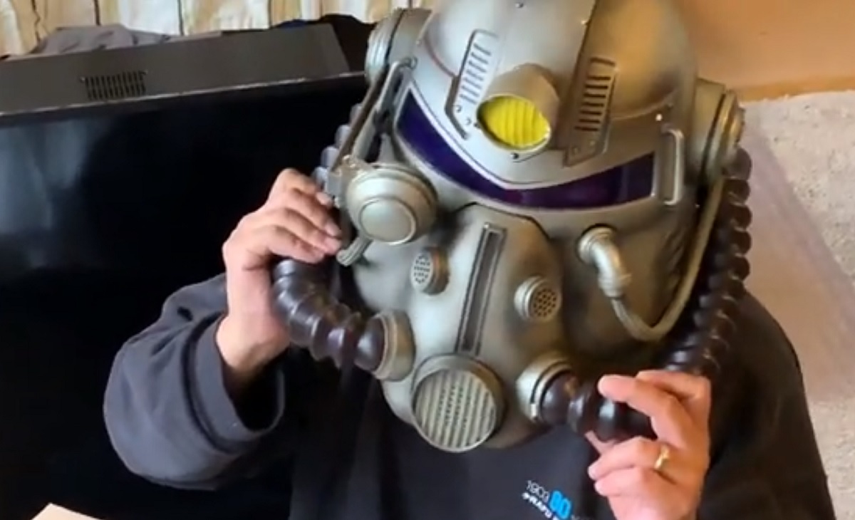 Dean Takahashi wears the Fallout 76 Power Armor Helmet.