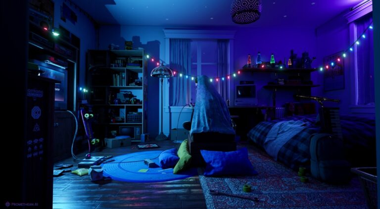 This bedroom was not created by a human artist. A person put the finishing touches on it.