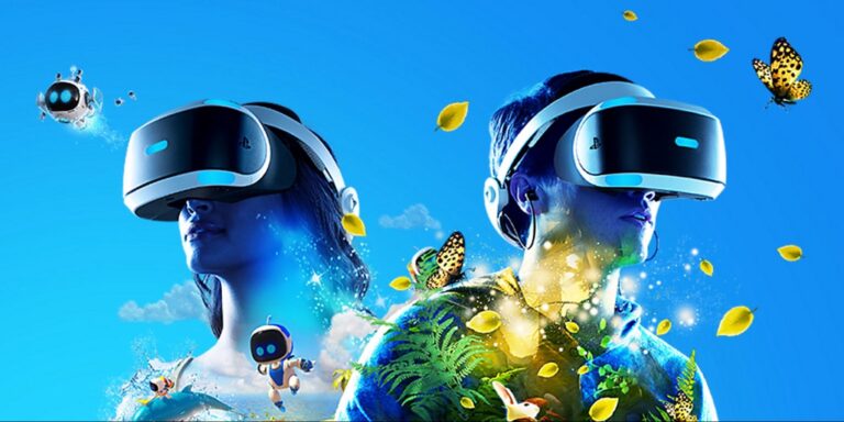 illustration of two people wearing VR headsets with butterflies and tiny robots hovering around