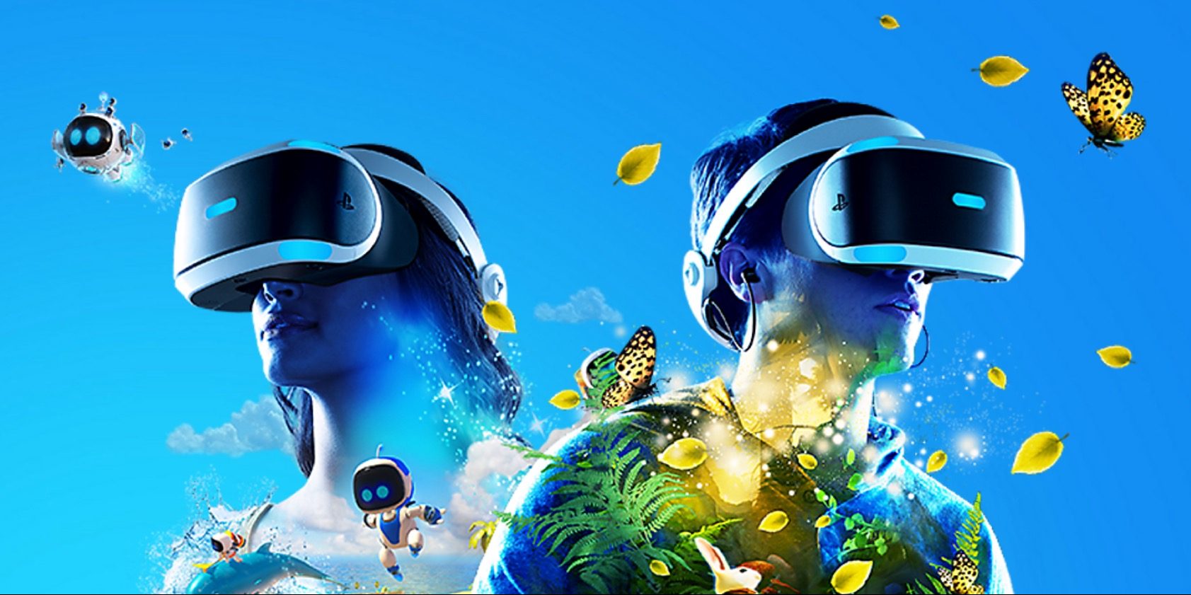 illustration of two people wearing VR headsets with butterflies and tiny robots hovering around