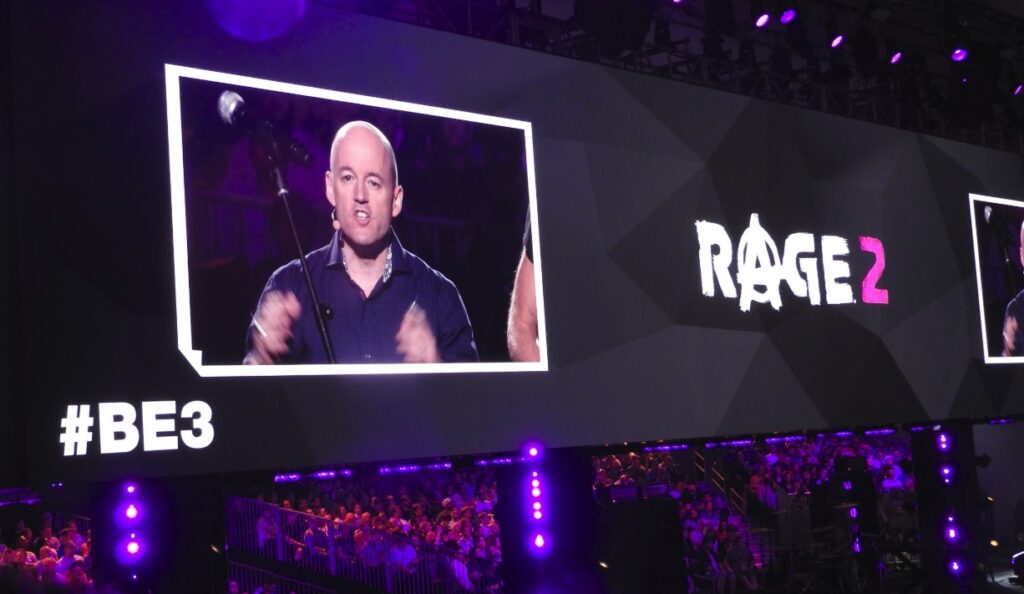 Tim Willits announces Rage 2 at Bethesda's E3 press event.