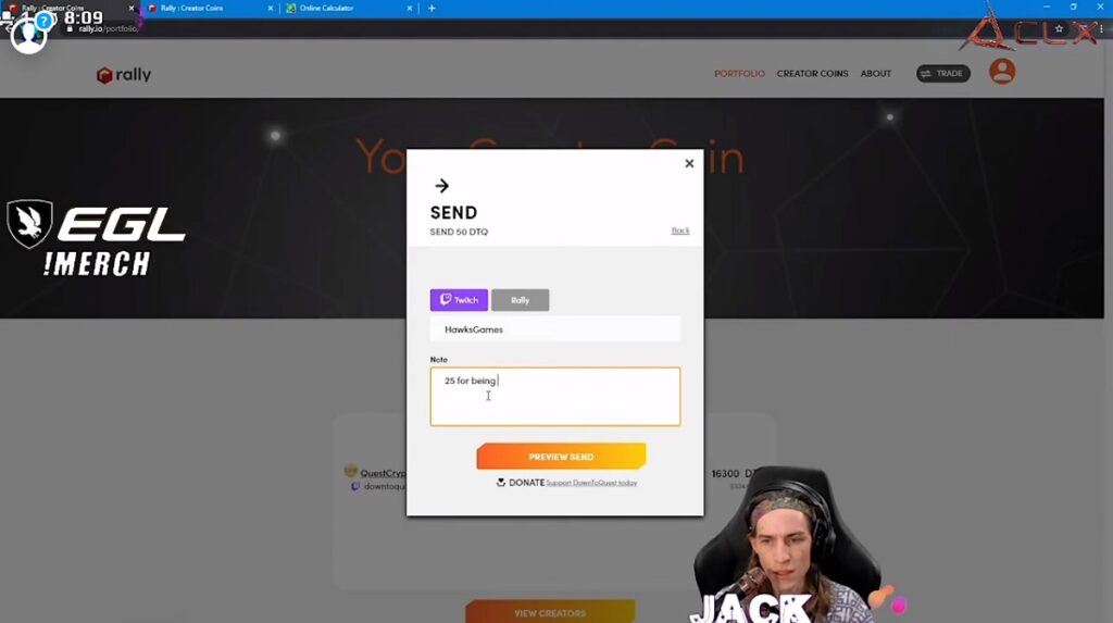 A streamer sends Creator Coin to a fan.