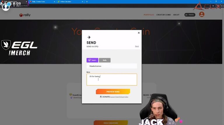 A streamer sends Creator Coin to a fan.
