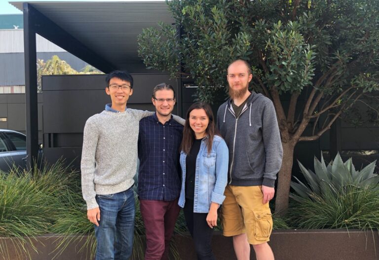 Revlo team. Left to right, James Sun (Co-Founder & CEO), Adam Hueniken (Co-Founder & Head of Engineering), Julie Topp (Co-Founder & Head of Product) and Fraser Le Ber (Software Engineer).