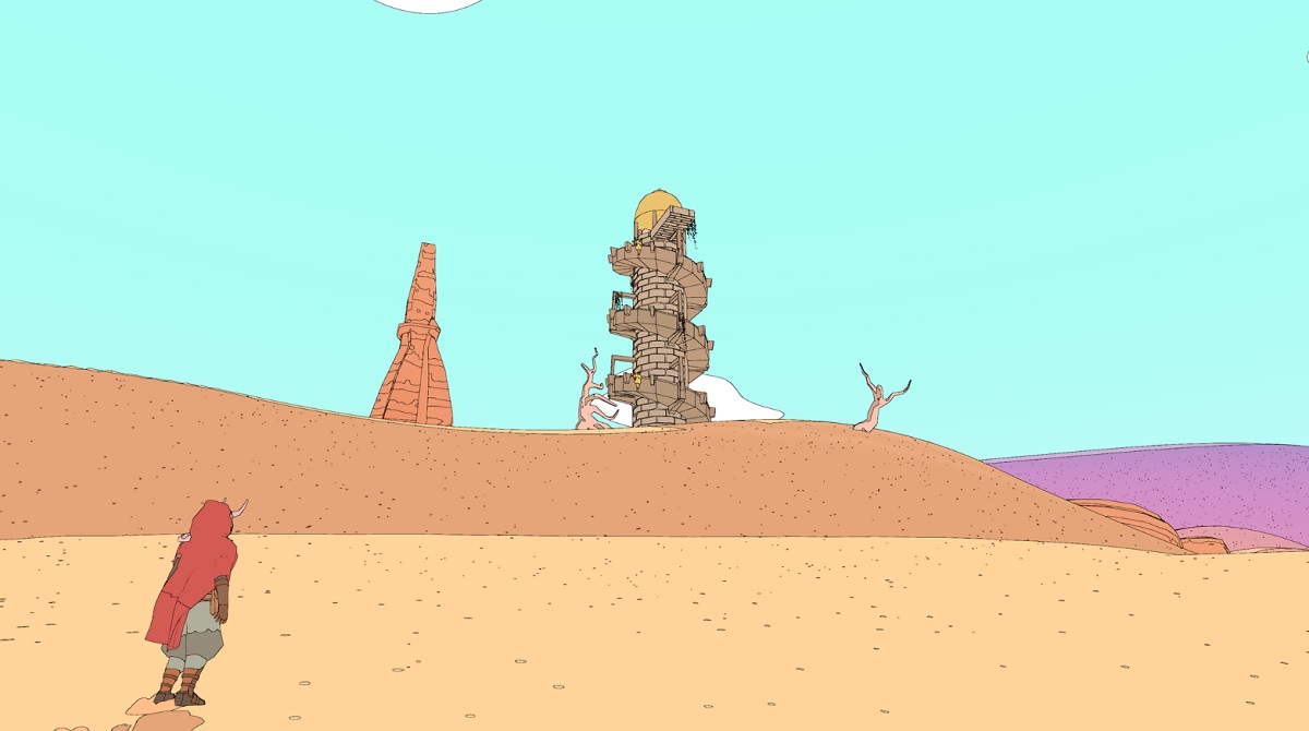 A girl finds a tower to climb in Sable.