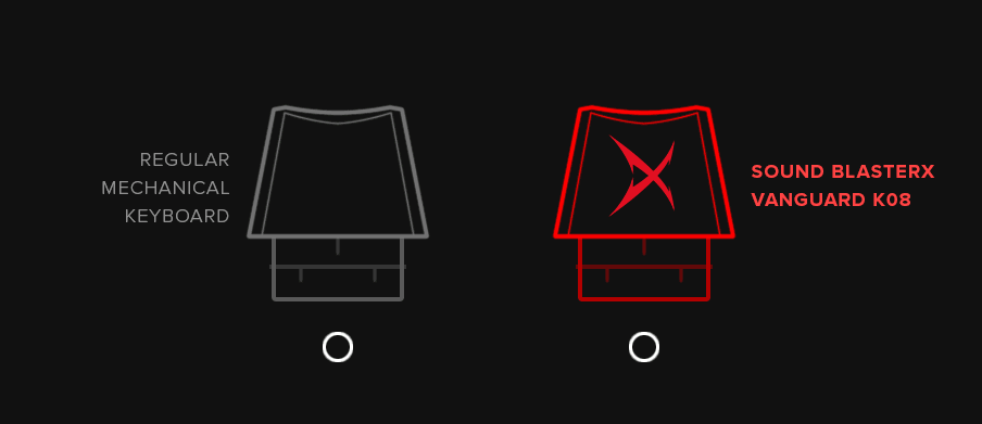Vanguard's Omron switch compared to what is likely a standard Cherry MX switch that you'd find in a lot of competing keyboards. 