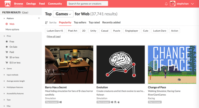 Indie marketplace Itch.io has over 37,000 web embedded games.