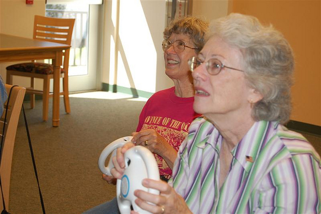 Two women play Mario Kart at the Floral City Public Library in Floral City, Fla.