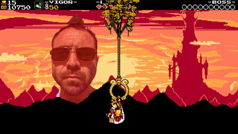 Shovel Knight's director, Sean Velasco, looks upon his creation.