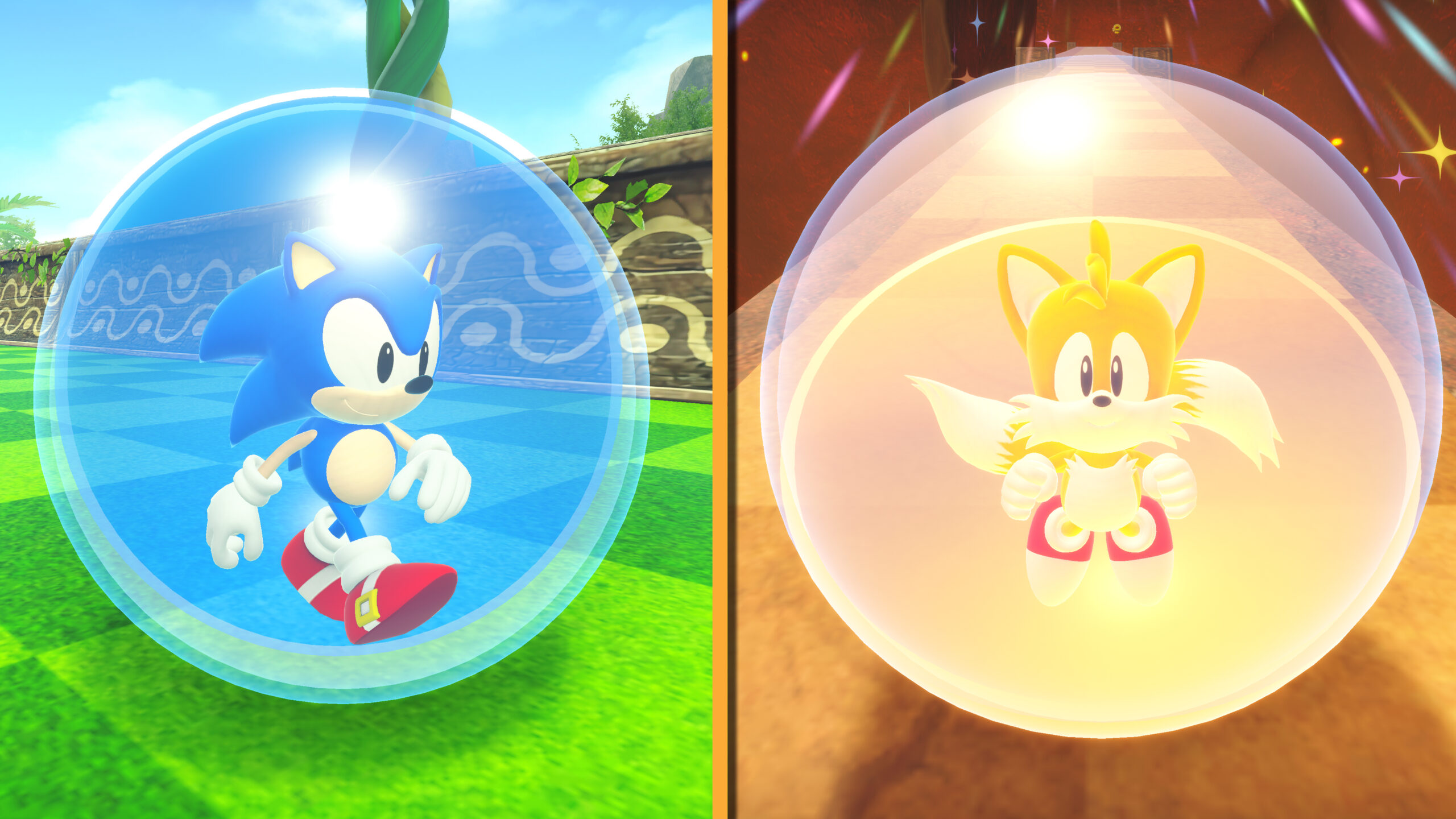 Sonic and Tails in Super Monkey Ball: Banana Mania.