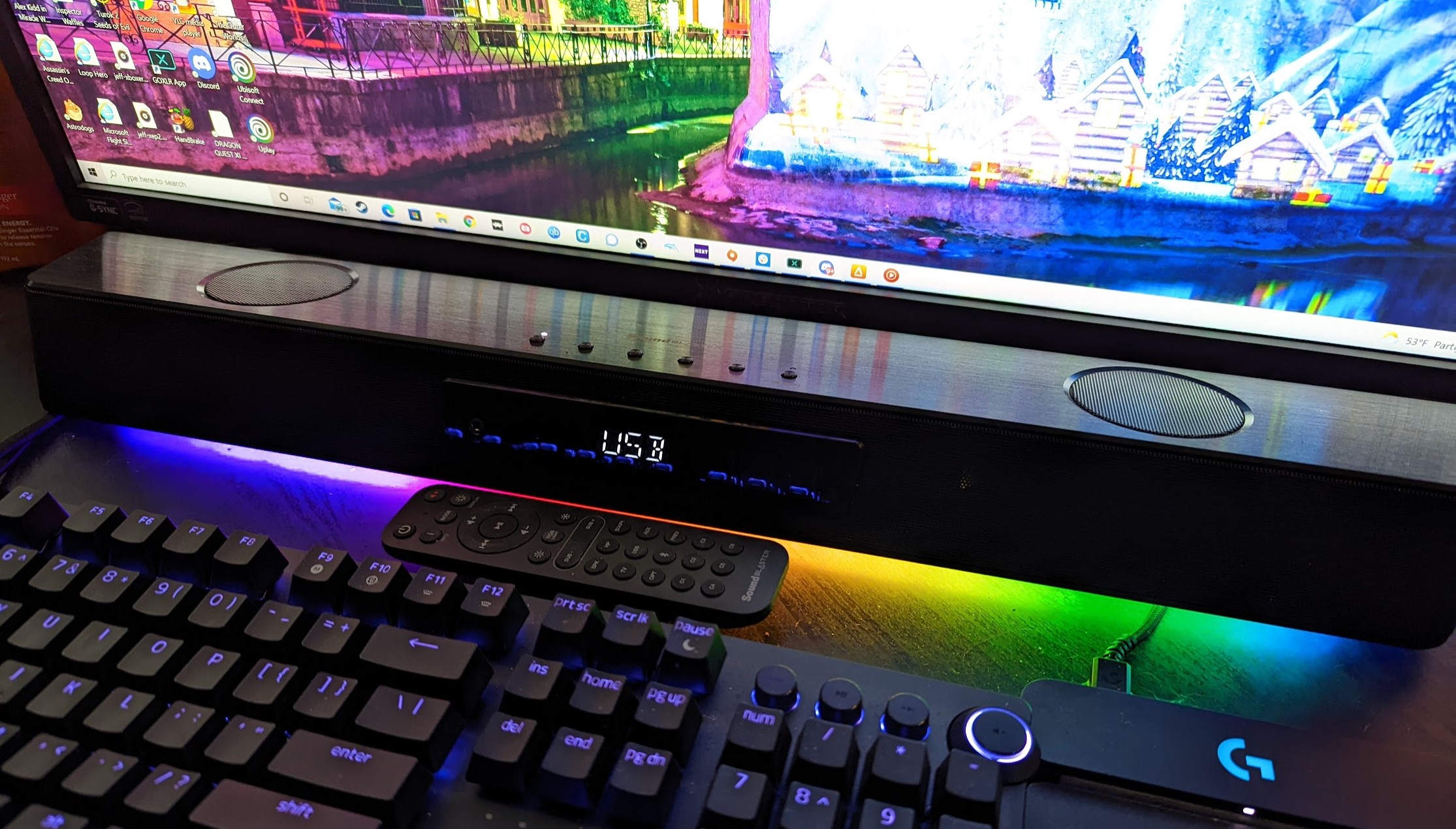 The Creative SoundBlaster Katana V2 sitting under a monitor.
