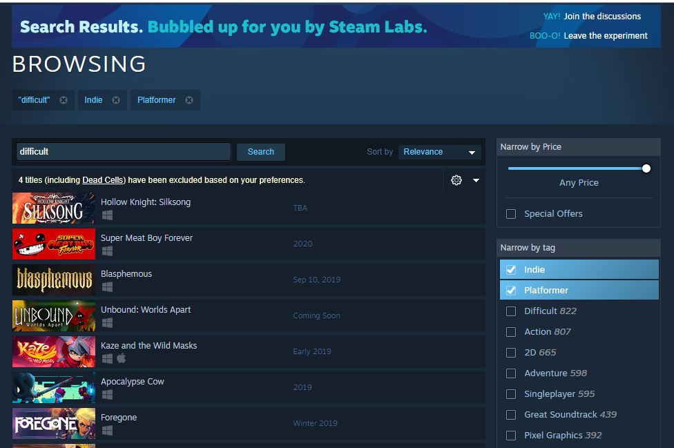 The new Steam search.