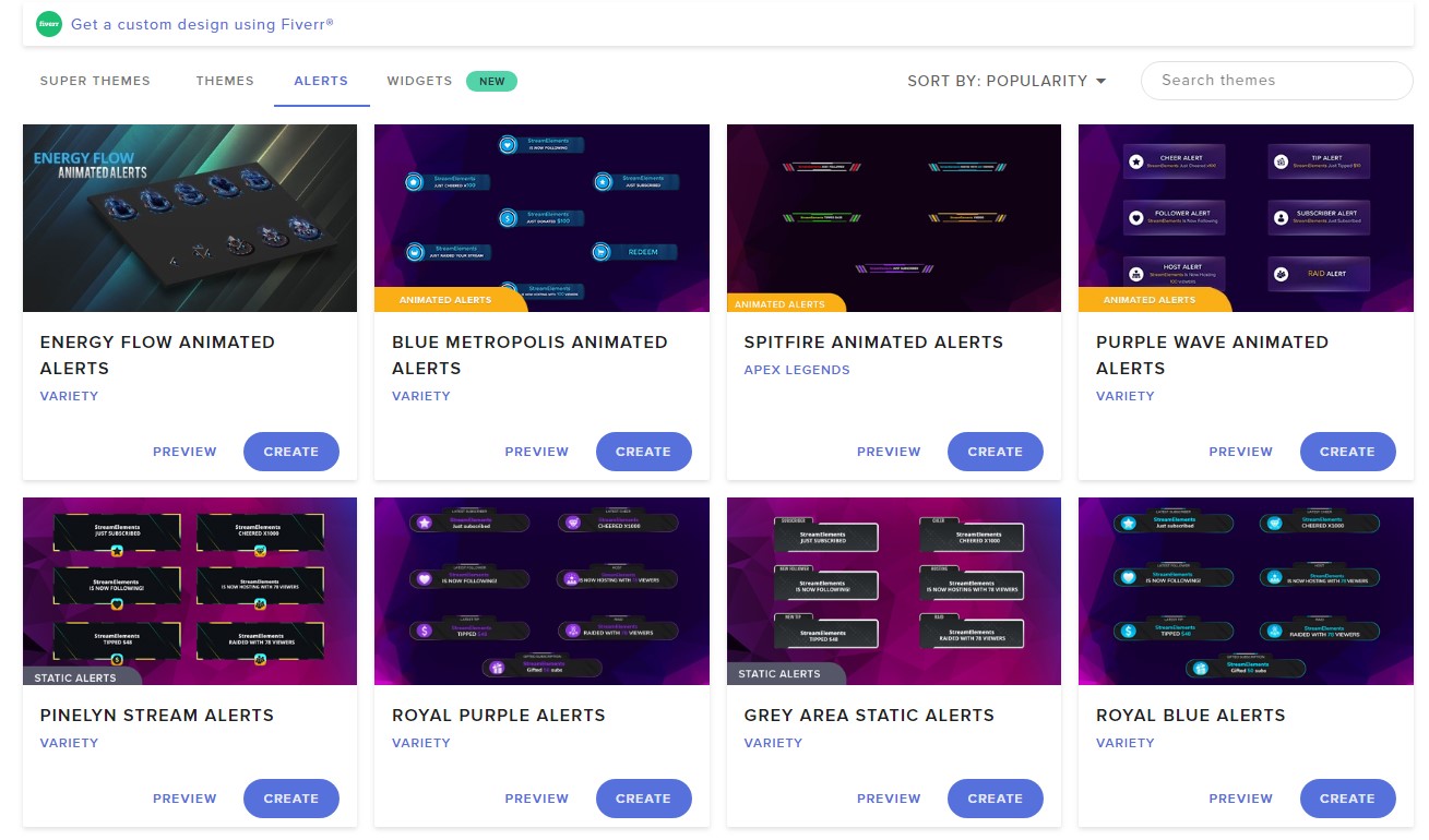 A selection of themes on StreamElements.