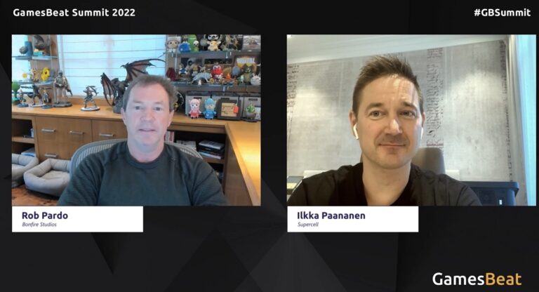 Rob Pardo (left) of Bonfire Studios talks with Supercell CEO Ilkka Paananen.