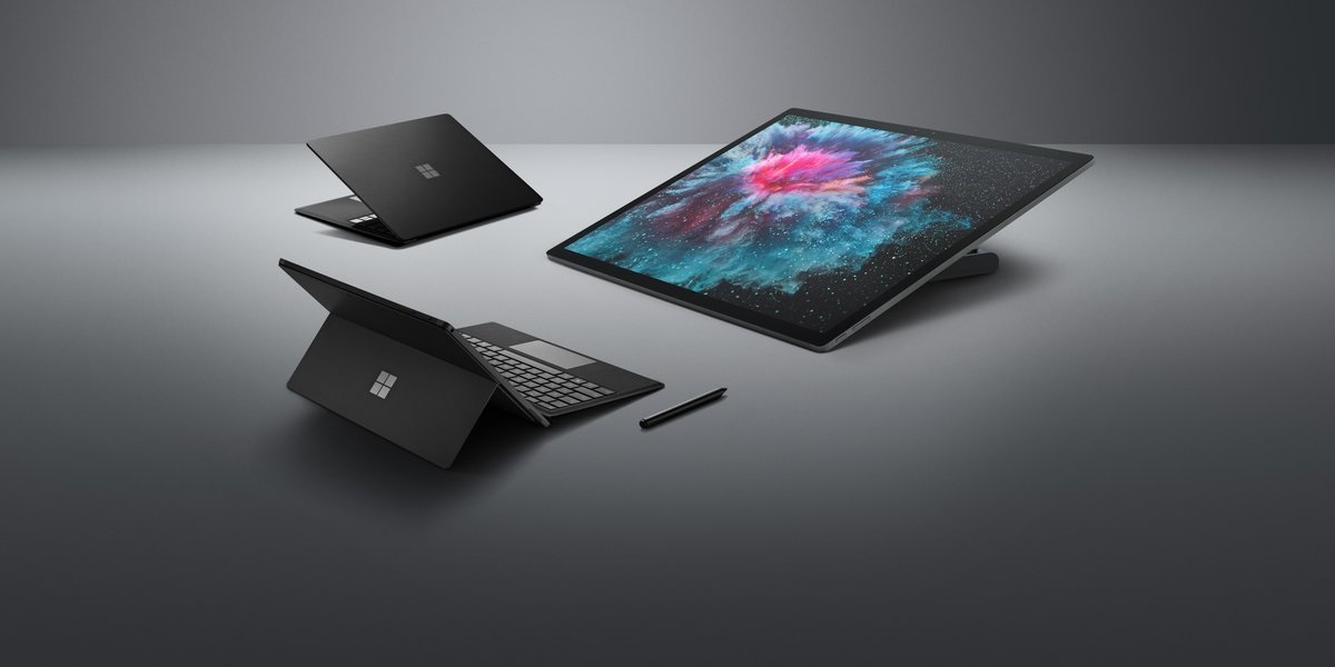 Black variants of the Surface Laptop, Surface Pro, and Surface Studio