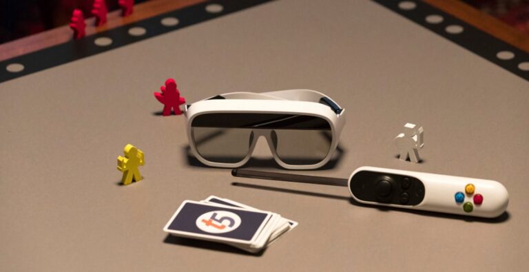 Tilt Five's AR googles, gameboard, and wand.
