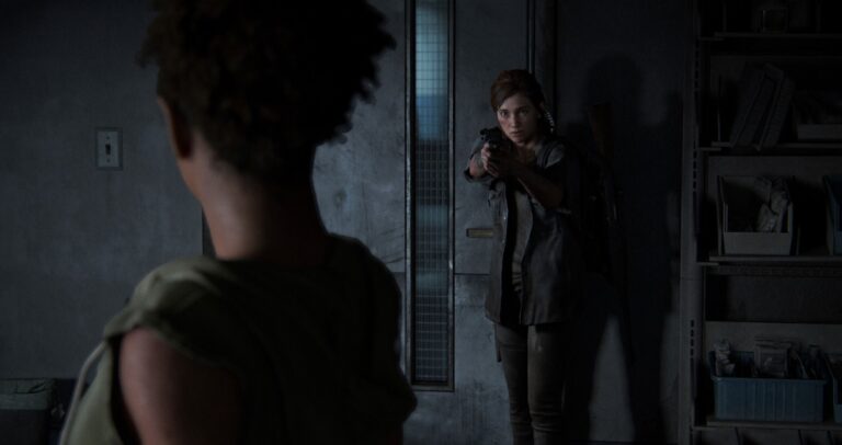 Ellie corners Nora at a hospital in The Last of Us Part II.