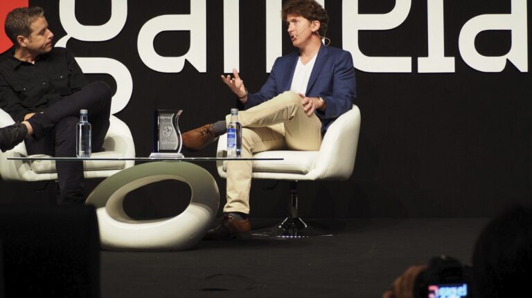 Todd Howard (right) of Bethesda speaks at Gamelab 2018 with Geoff Keighley of the Game Awards.