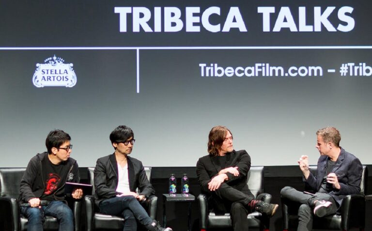 Geoff Keighley (right) interviews Norman Reedus (middle right) and Hideo Kojima (middle left) at the Tribeca Film Festival.