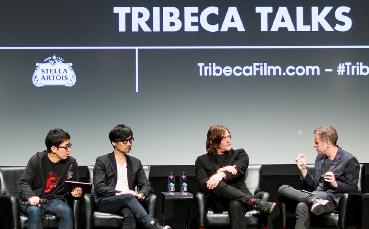 Geoff Keighley (right) interviews Norman Reedus (middle right) and Hideo Kojima (middle left) at the Tribeca Film Festival.
