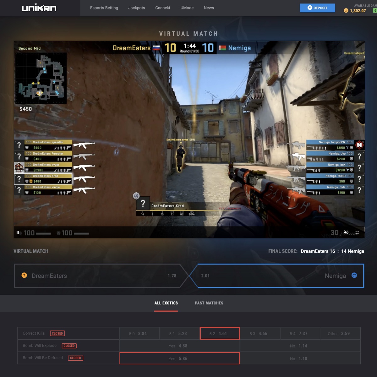 Virtual betting lets you wager on rounds of CS: GO.