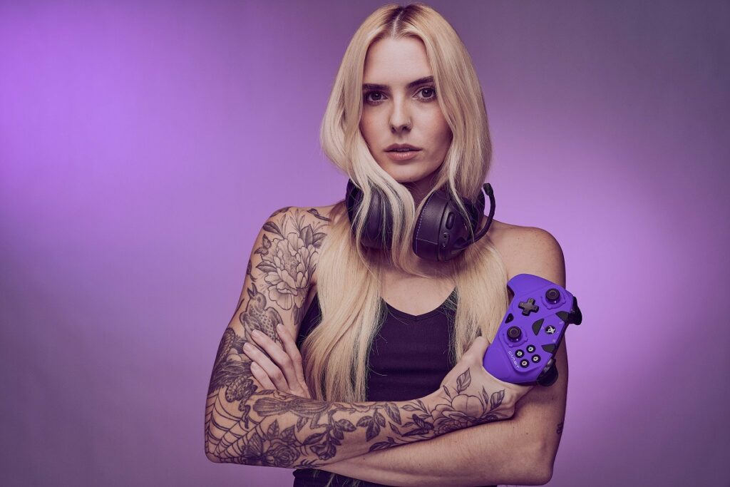 The purple version of the Victrix Gambit Xbox controller.