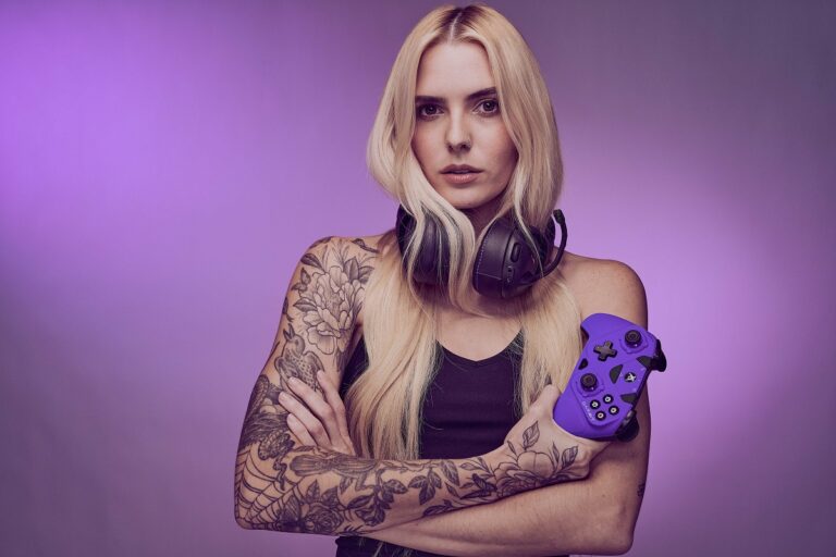 The purple version of the Victrix Gambit Xbox controller.