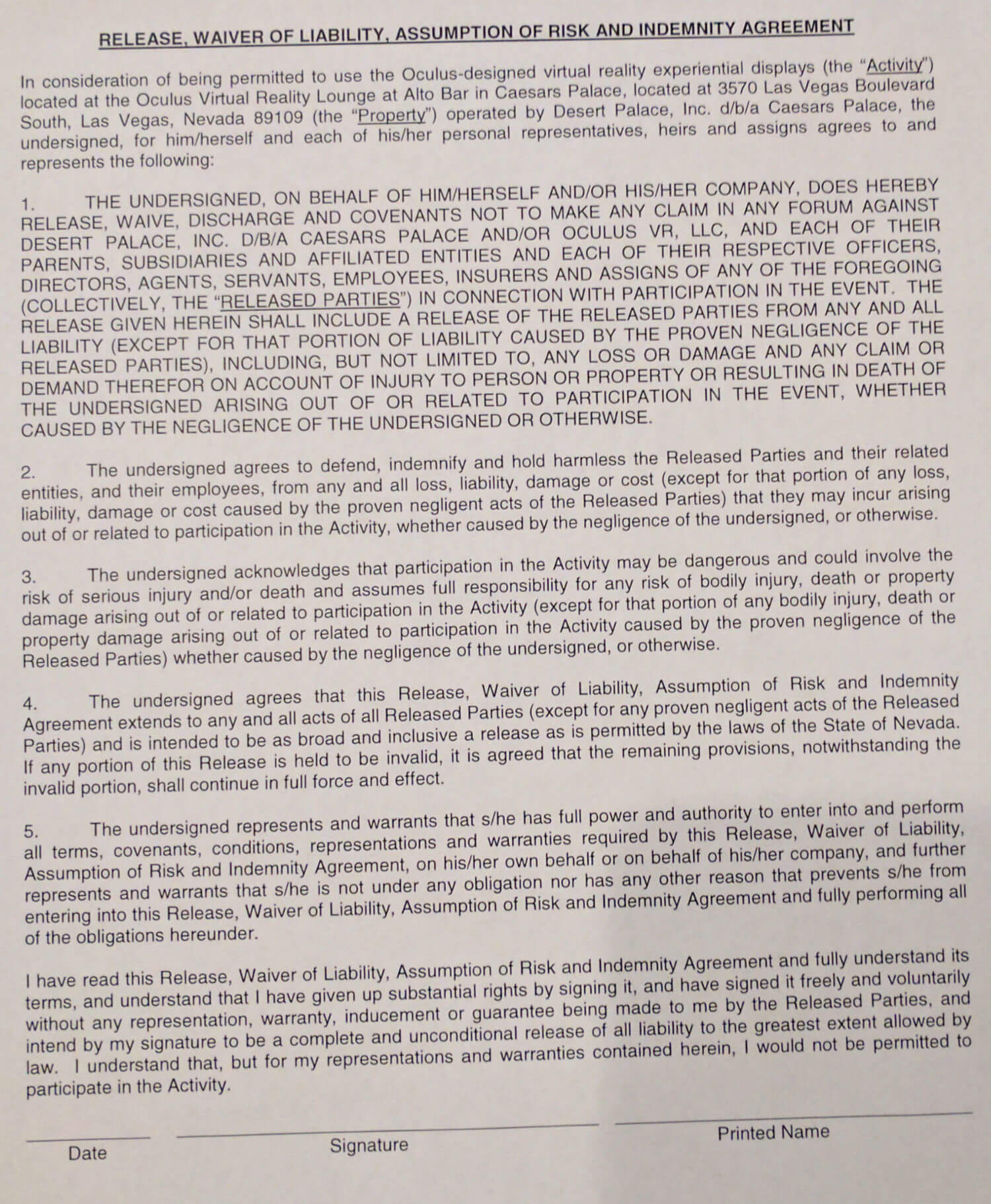 Waiver for the Oculus Lounge. 