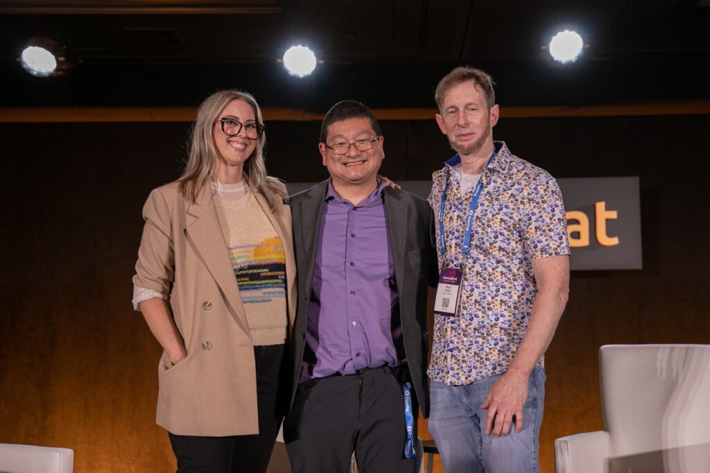 Dean Takahashi of GamesBeat with award winners Meggan Scavio and Rich Vogel.