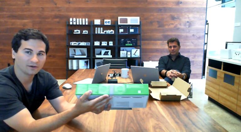 Mark Weiser and Kevin Marshall of Microsoft show the package for the Xbox Adaptive Controller.