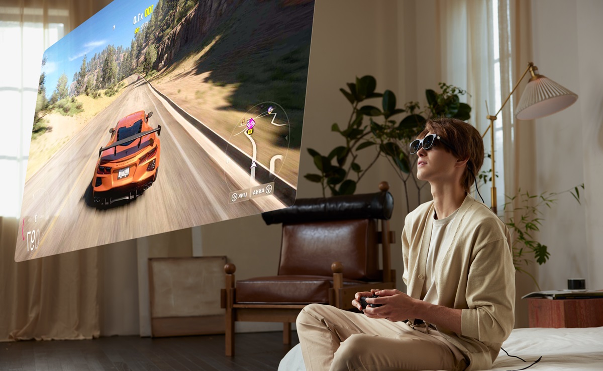 Xreal AR glasses plus the Xreal Beam pro let you play cloud games on a big virtual screen.