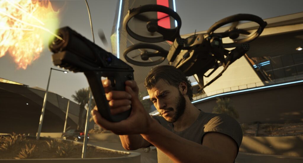 Jacob, the lead character of MindsEye, gets help from a drone.