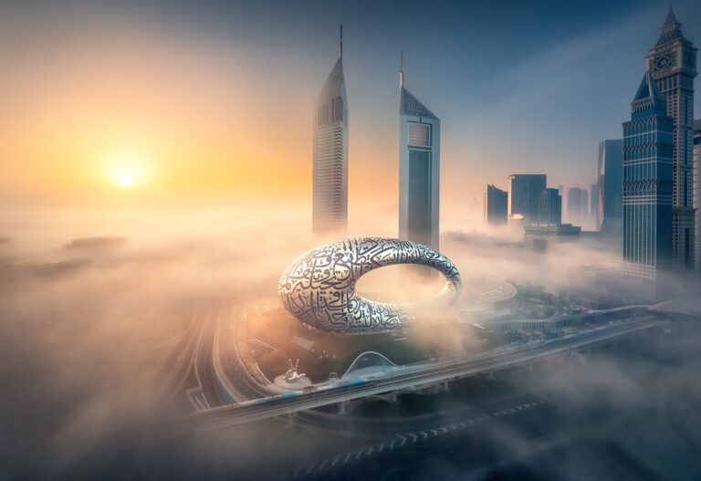 The Museum of the Future wrapped in fog in Dubai.