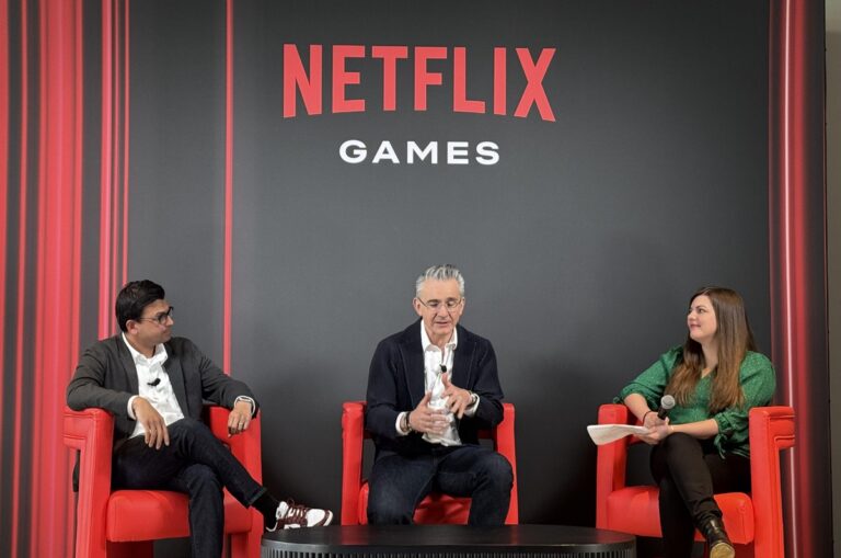 Alain Tascan (center) and Jeet Shroff (left) talk about Netflix Games' agenda.