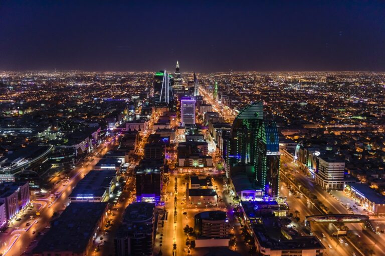Streets in illuminated cityscape, Riyadh, Saudi Arabia.