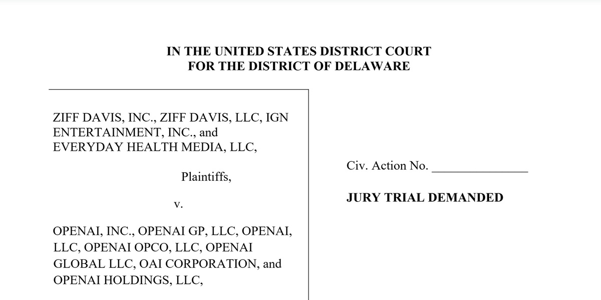 Ziff Davis, IGN Entertainment and  Everyday Health Media are suing Open AI.