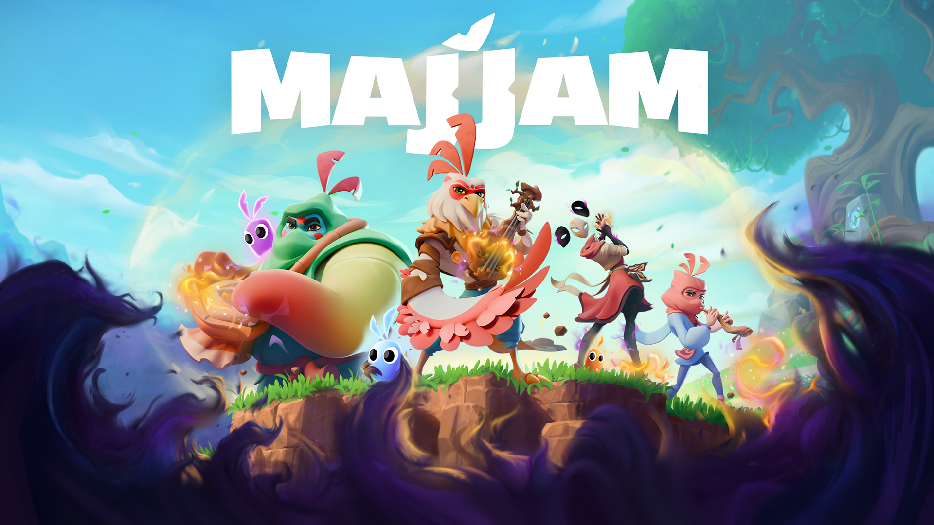 The main characters of Majjam, by Opus Major, with the game's title at the top of the screen.