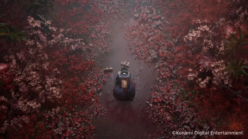 Hinako in a blooming field in Silent Hill f