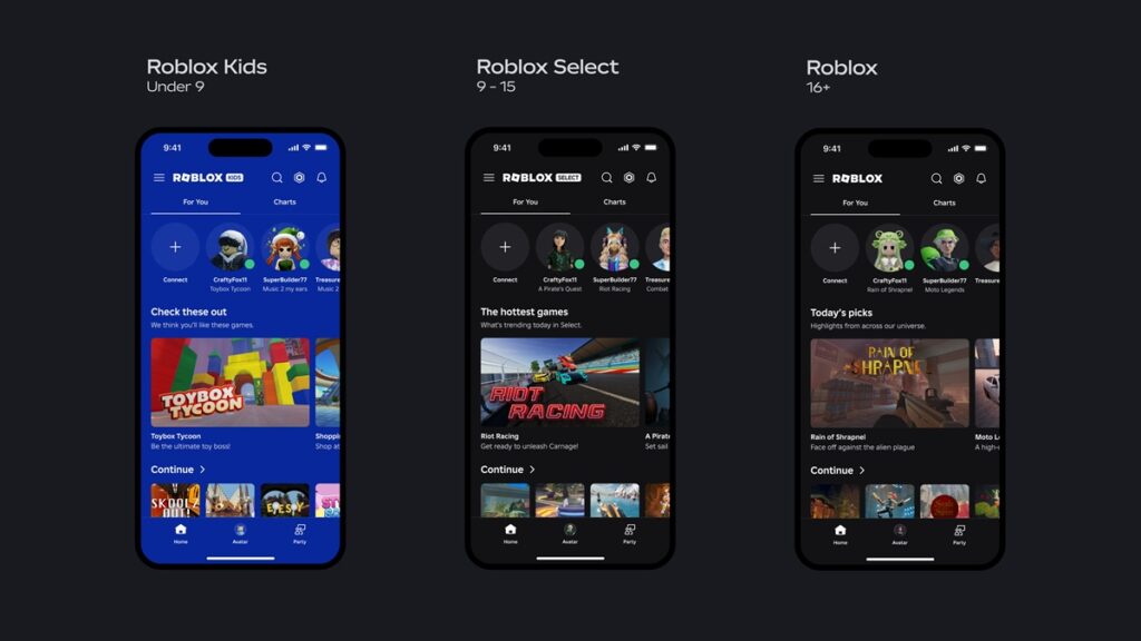Roblox separates accounts into kids, younger teens and adults for safety purposes