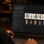 A person uses Meshy 3D Agent on a laptop to generate a set of six mushroom-themed robot game characters with a consistent design. Caption: Building a game-ready character family with Meshy 3D Agent: from a single prompt, the agent plans the set — shared base design, unified color palette, consistent proportions — then generates six mushroom robot variations, each with its own species and personality.