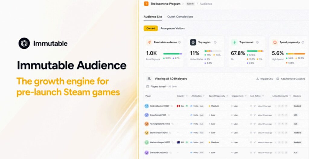 Immutable launches Immutable Audience to grow Steam games wishlists faster